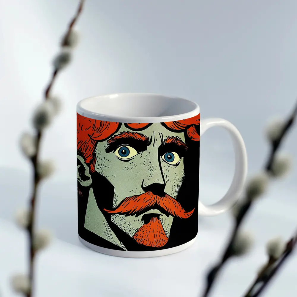 Red Haired Man Comic Art Dark Background – Mugs