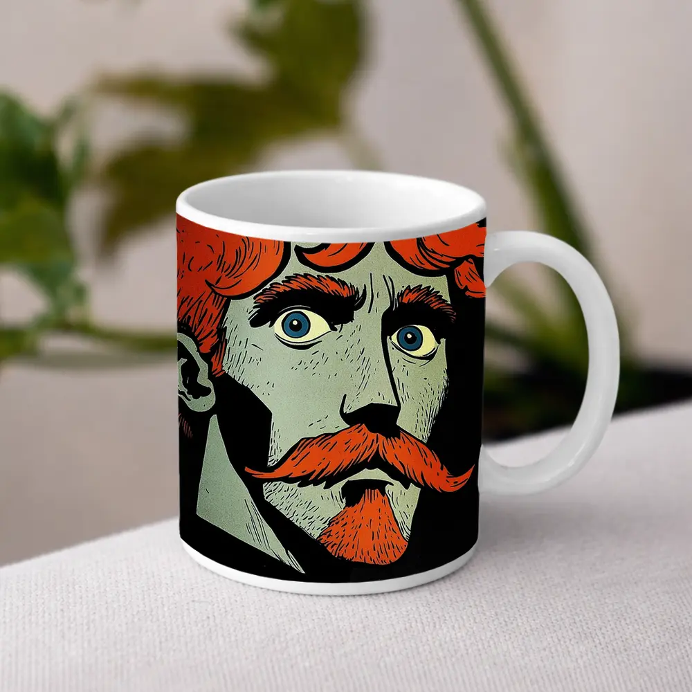 Red Haired Man Comic Art Dark Background – Mugs