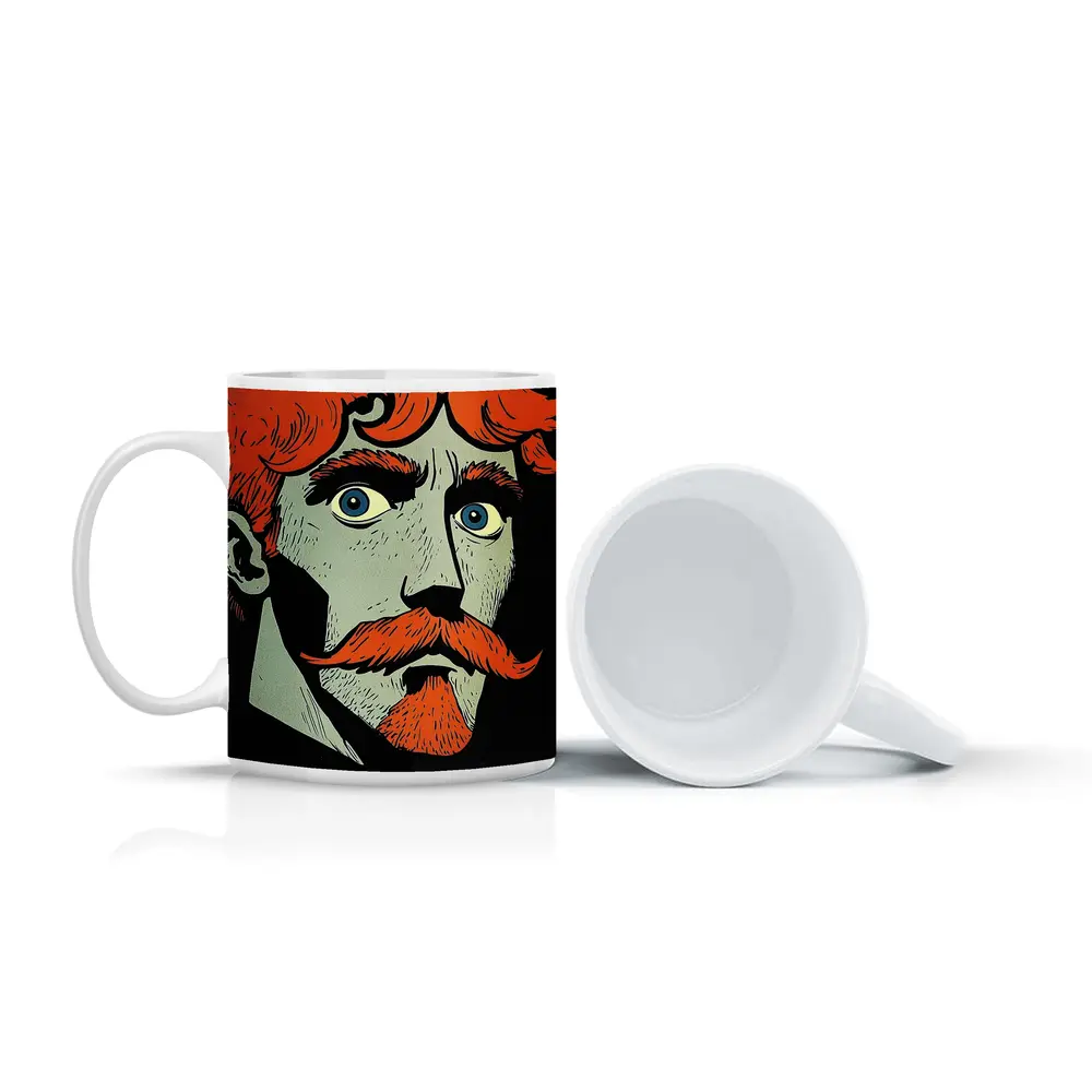 Red Haired Man Comic Art Dark Background – Mugs