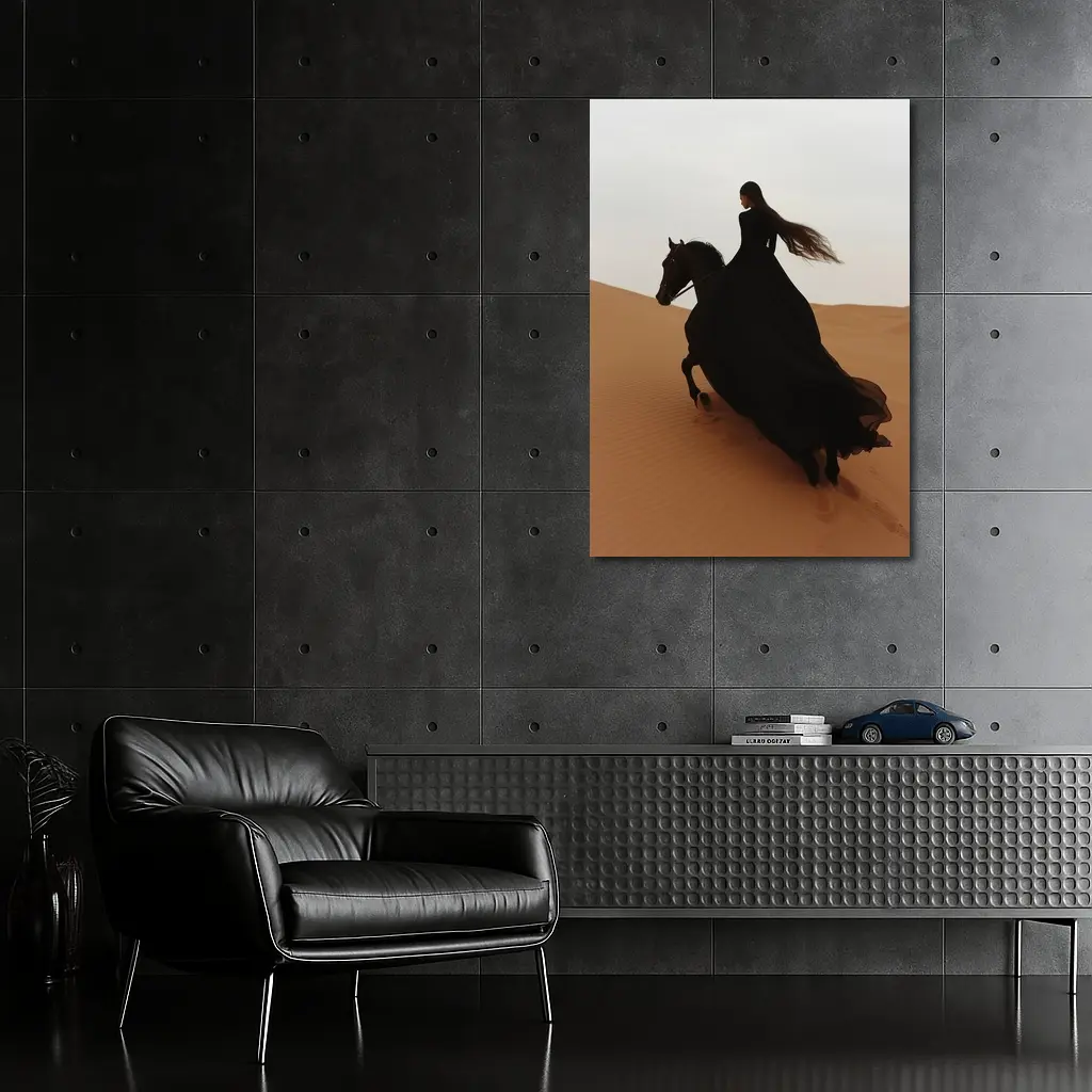 Woman Riding Black Horse Desert Dunes – Wall Art