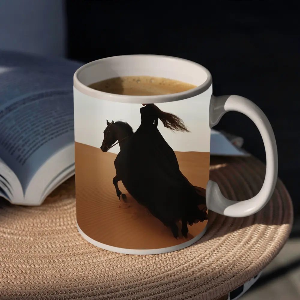 Woman Riding Black Horse Desert Dunes – Mugs