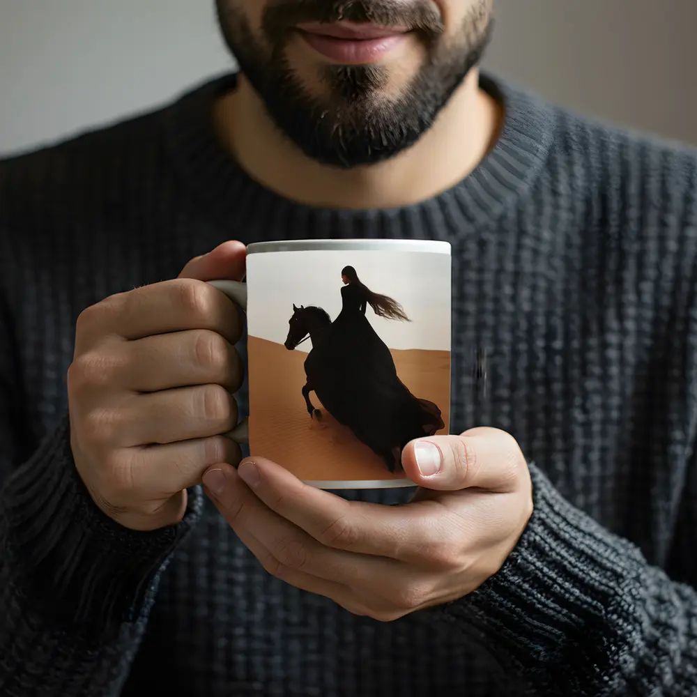 Woman Riding Black Horse Desert Dunes – Mugs