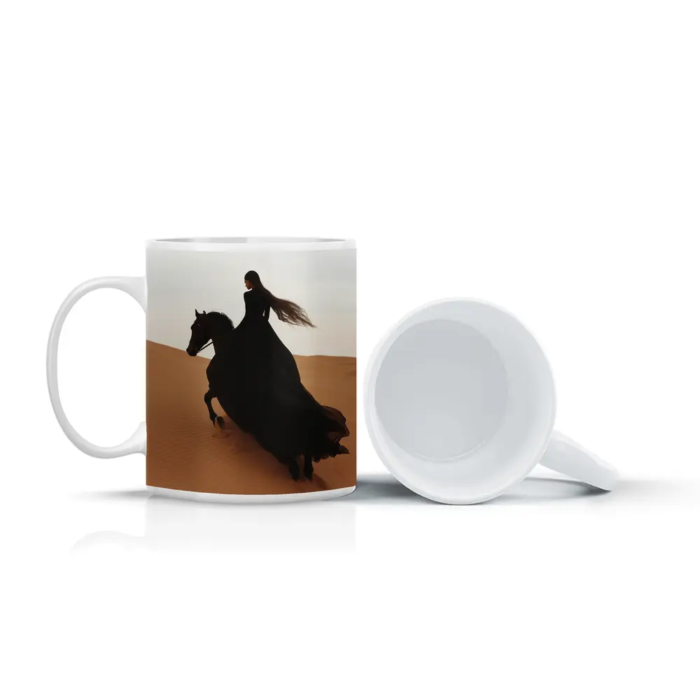 Woman Riding Black Horse Desert Dunes – Mugs