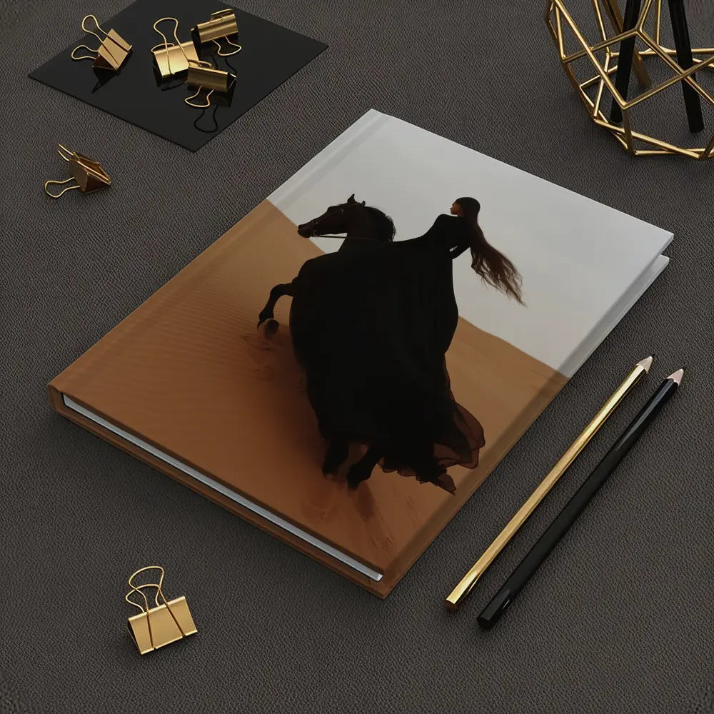 Woman Riding Black Horse Desert Dunes – Notebooks
