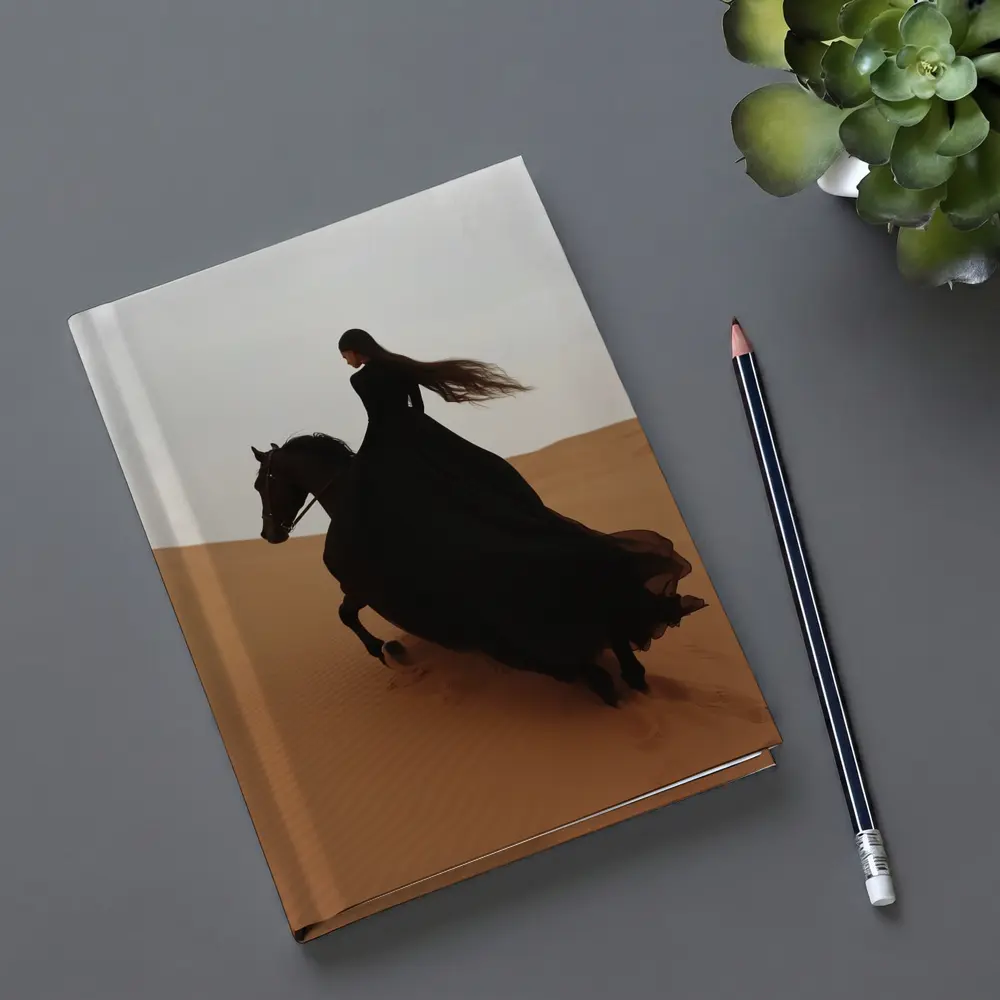 Woman Riding Black Horse Desert Dunes – Notebooks