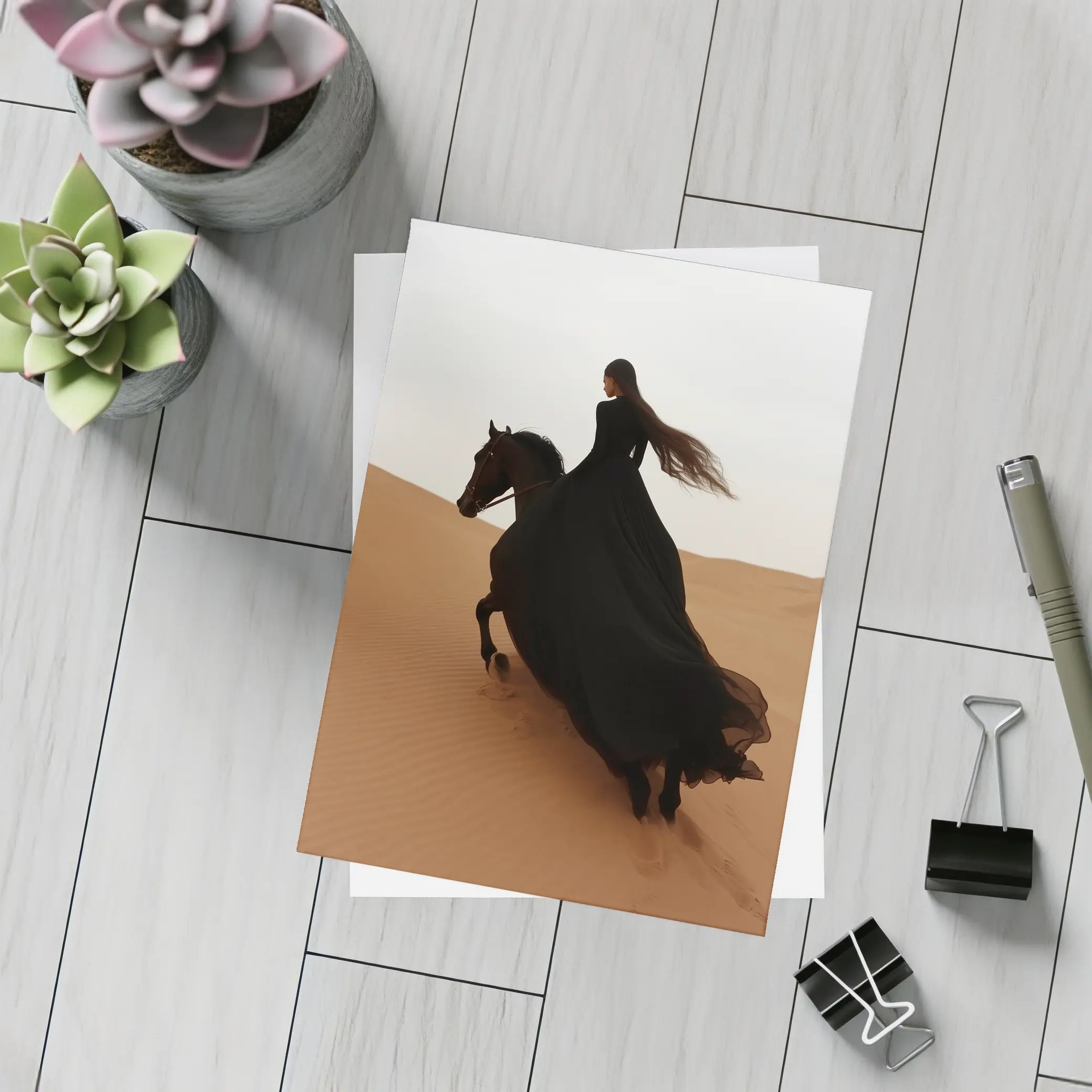 Woman Riding Black Horse Desert Dunes – Postcards