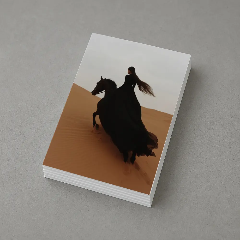 Woman Riding Black Horse Desert Dunes – Postcards