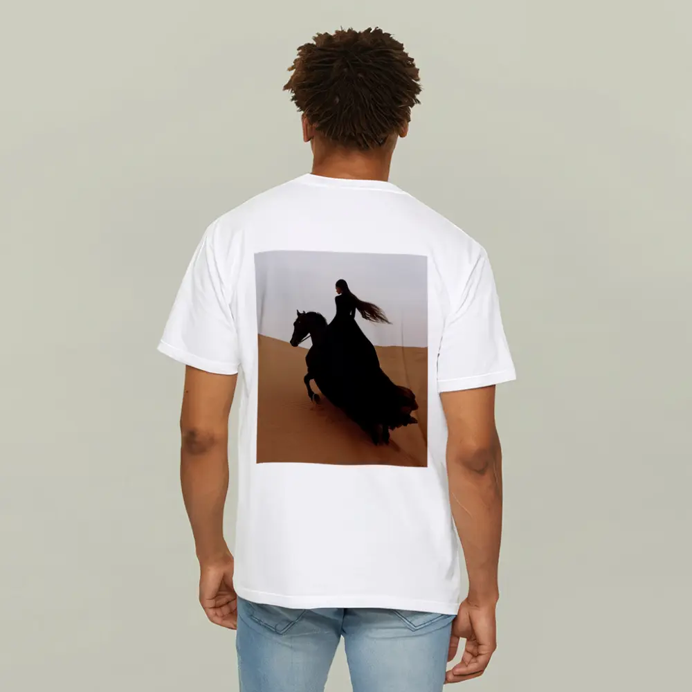 Woman Riding Black Horse Desert Dunes – T-Shirts