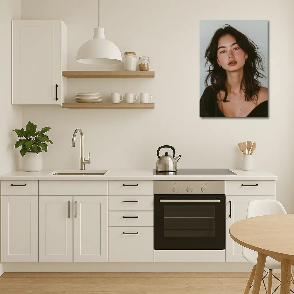 Young Woman Portrait Dark Hair White Background – Wall Art