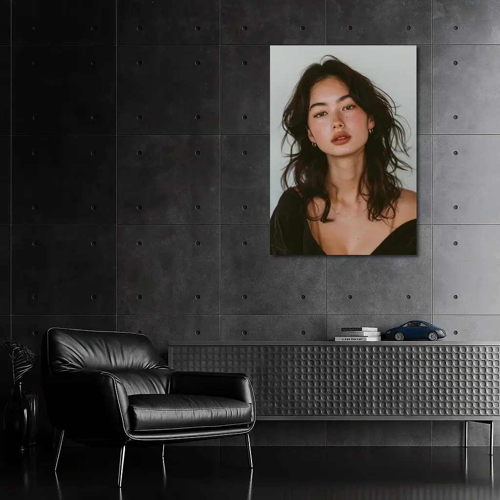 Young Woman Portrait Dark Hair White Background – Wall Art