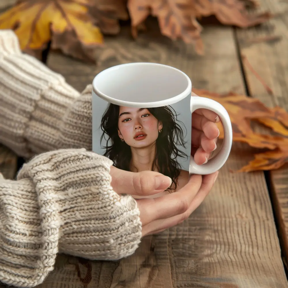 Young Woman Portrait Dark Hair White Background – Mugs