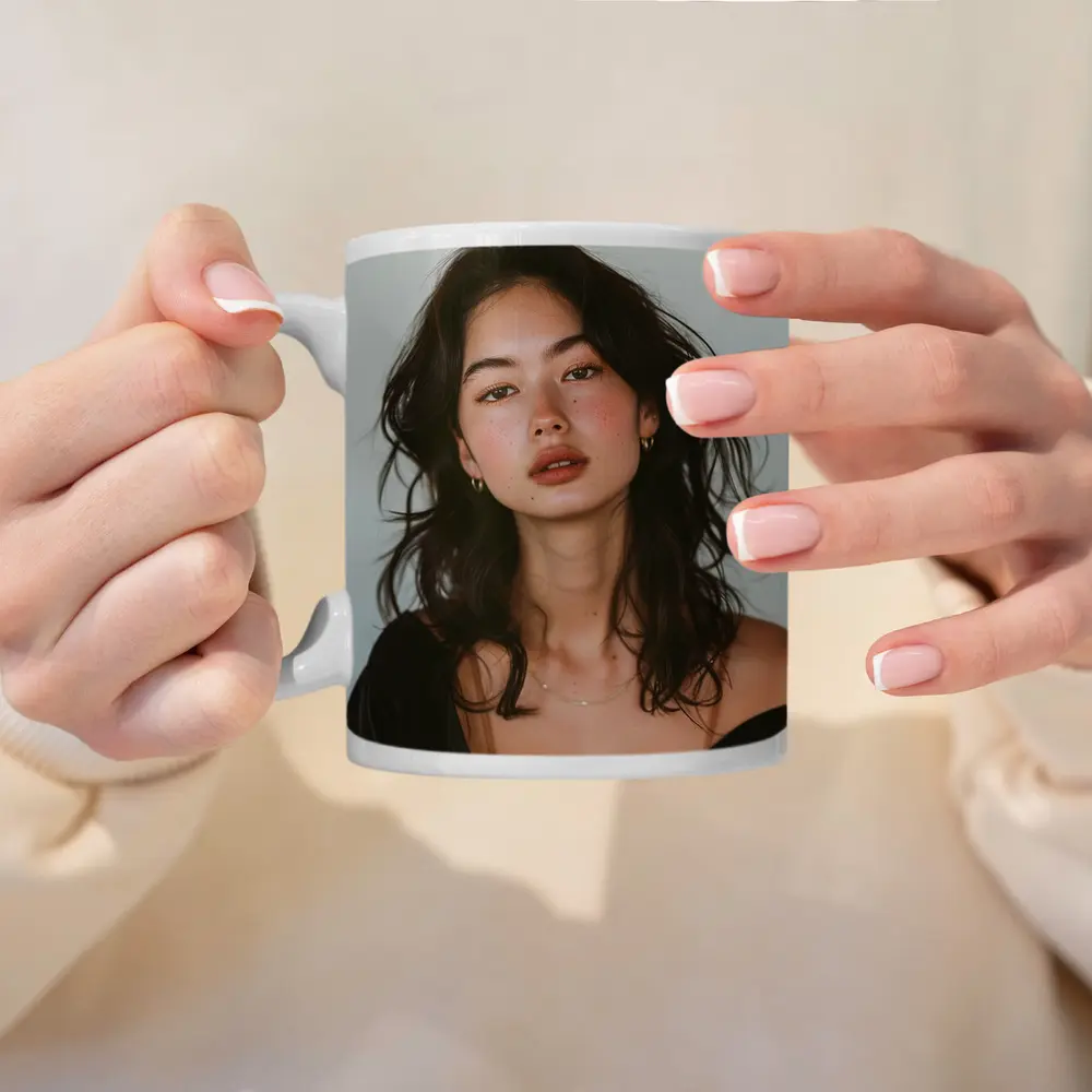 Young Woman Portrait Dark Hair White Background – Mugs