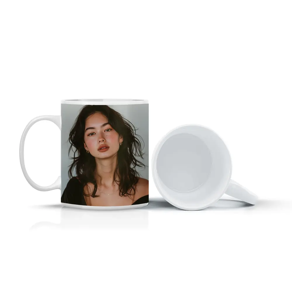 Young Woman Portrait Dark Hair White Background – Mugs