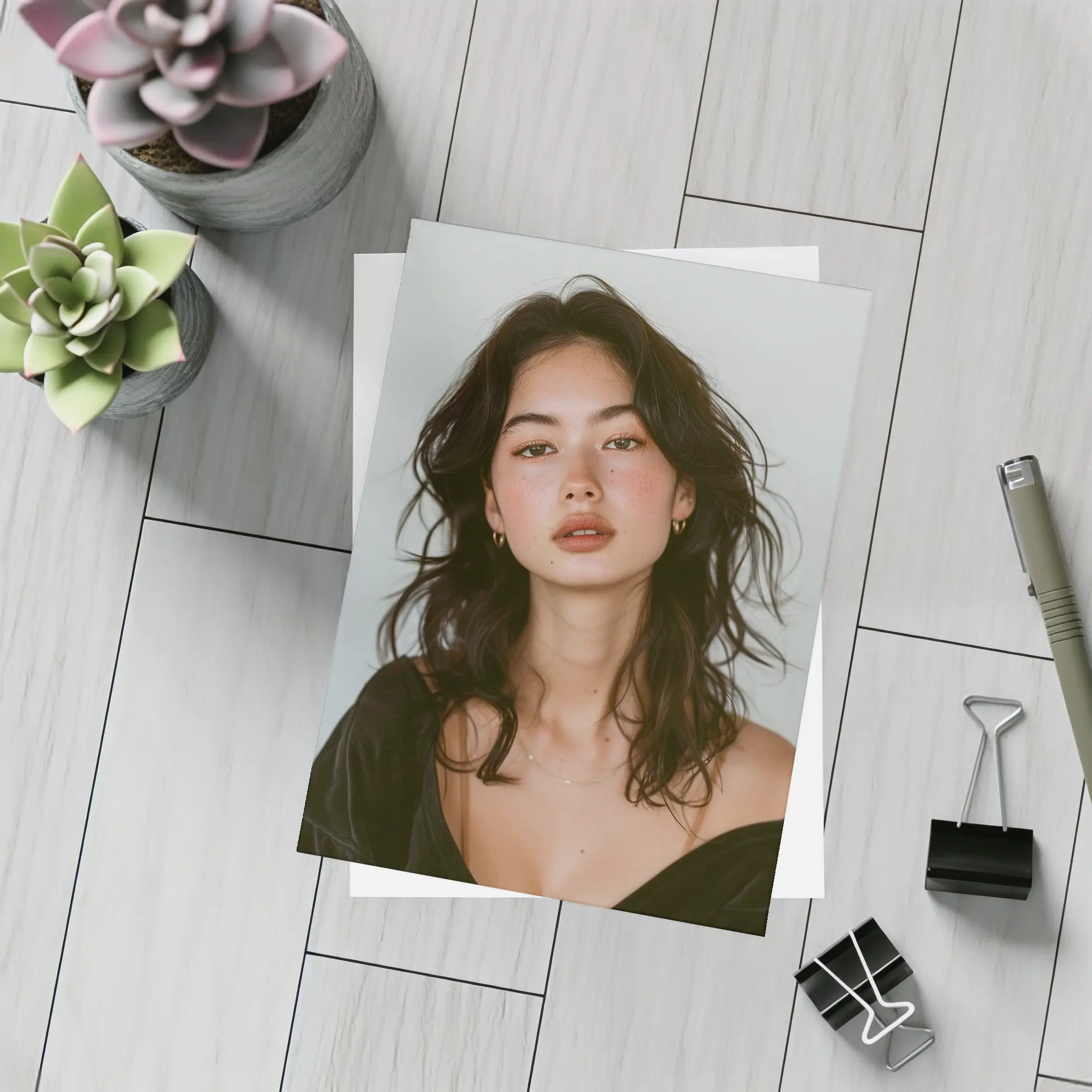 Young Woman Portrait Dark Hair White Background – Postcards