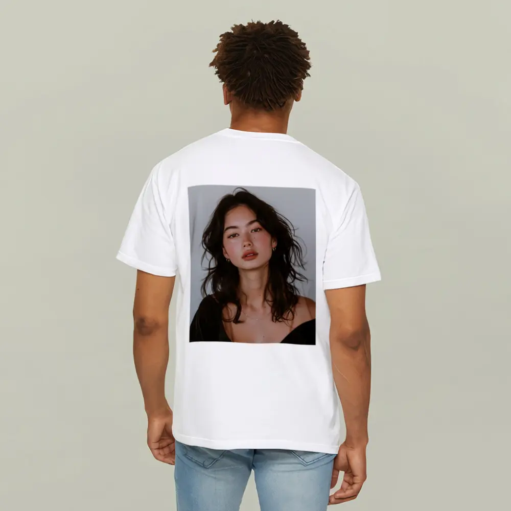 Young Woman Portrait Dark Hair White Background – T-Shirts