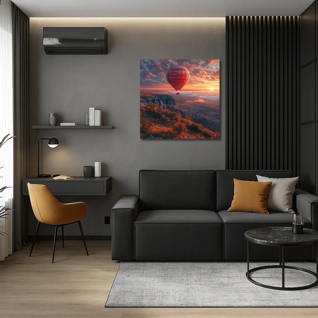 Red Hot Air Balloon Sunset Mountain Valley – Wall Art