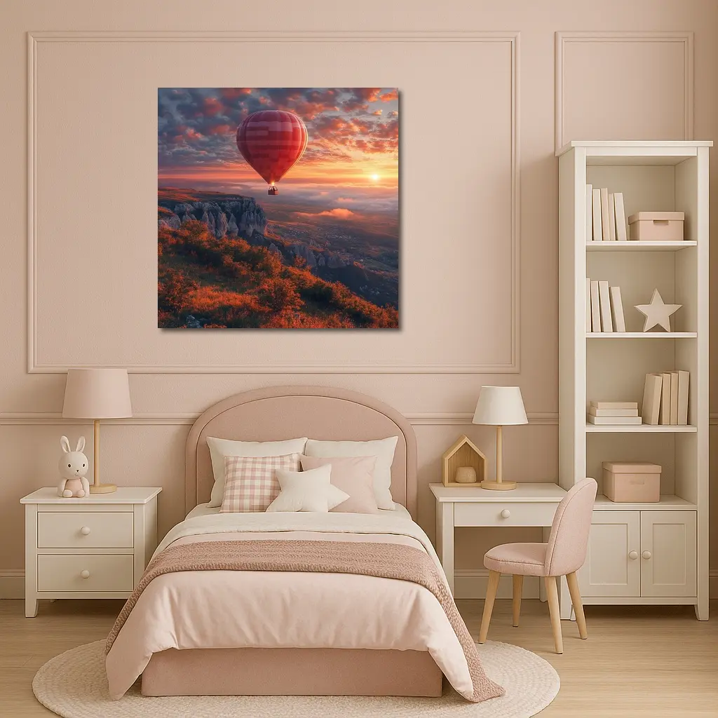 Red Hot Air Balloon Sunset Mountain Valley – Wall Art