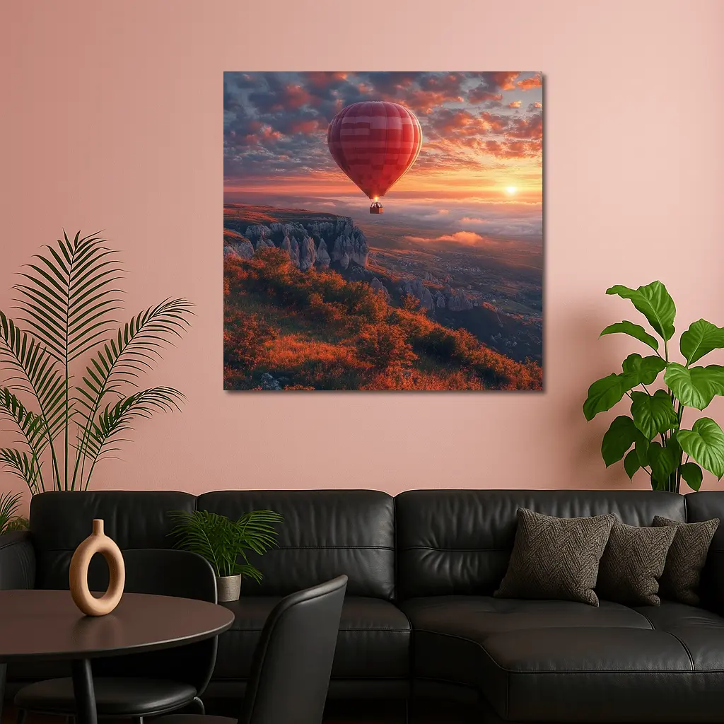 Red Hot Air Balloon Sunset Mountain Valley – Wall Art