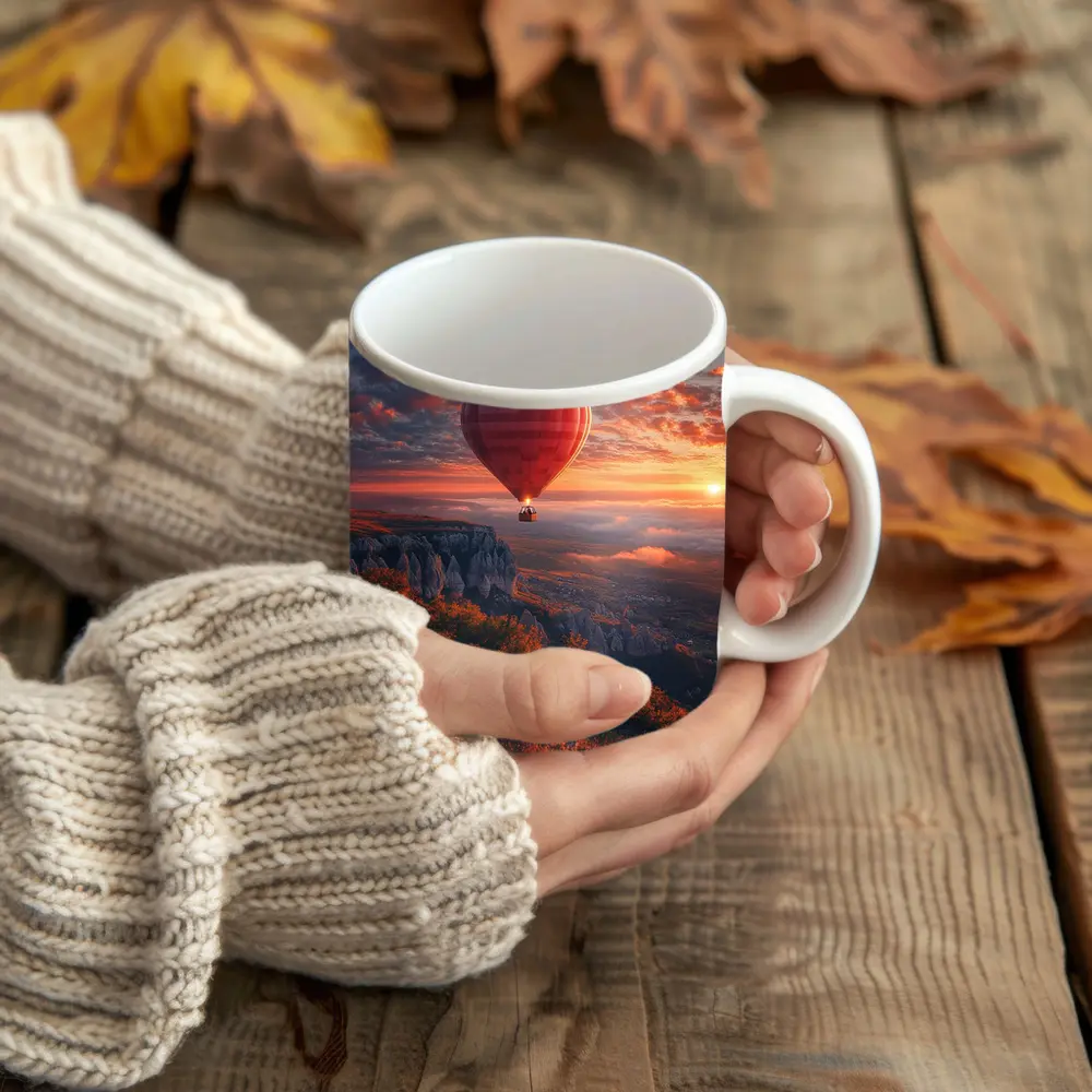 Red Hot Air Balloon Sunset Mountain Valley – Mugs
