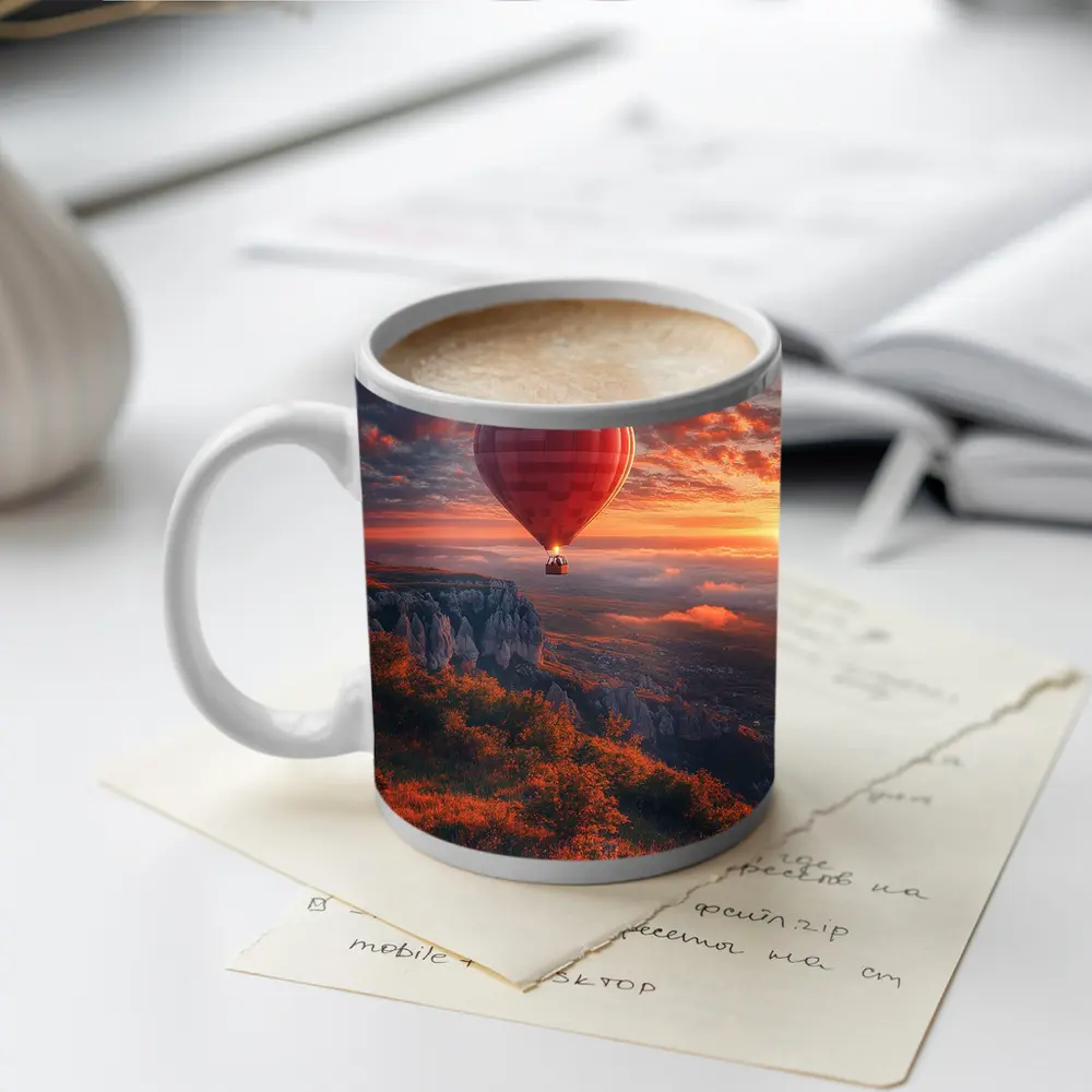 Red Hot Air Balloon Sunset Mountain Valley – Mugs