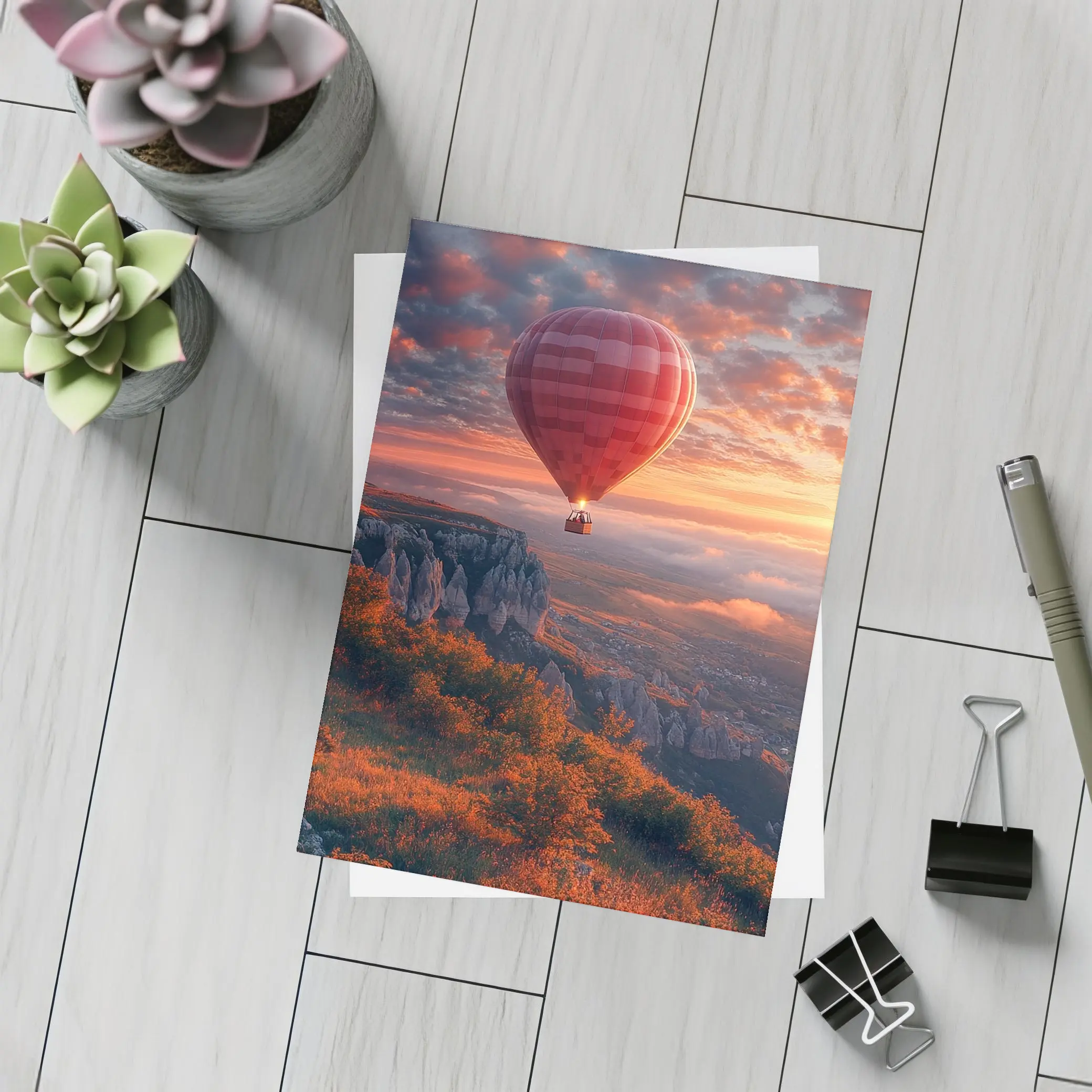 Red Hot Air Balloon Sunset Mountain Valley – Postcards
