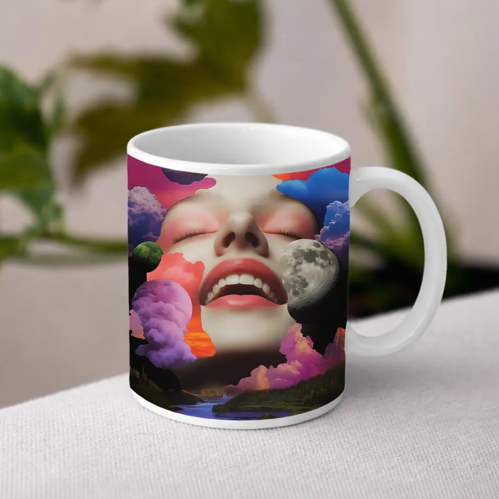Surreal Woman Face Colorful Cloud Collage Art – Mugs