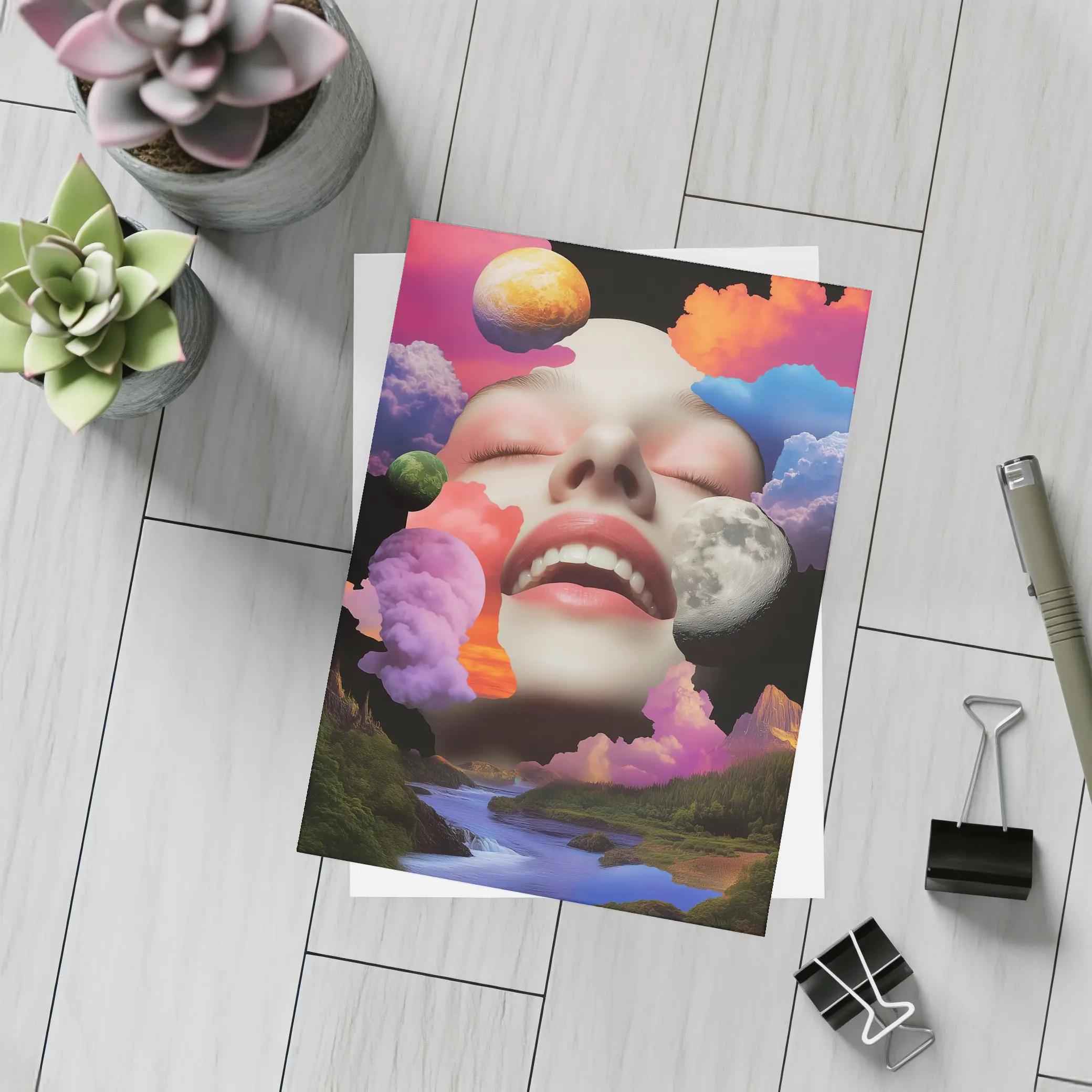 Surreal Woman Face Colorful Cloud Collage Art – Postcards