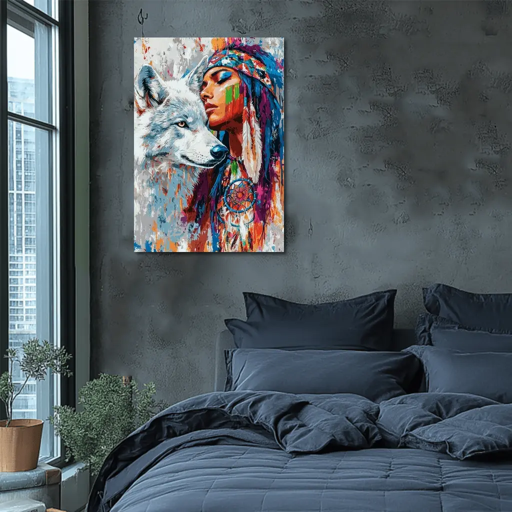 Native Woman White Wolf Colorful Art – Wall Art