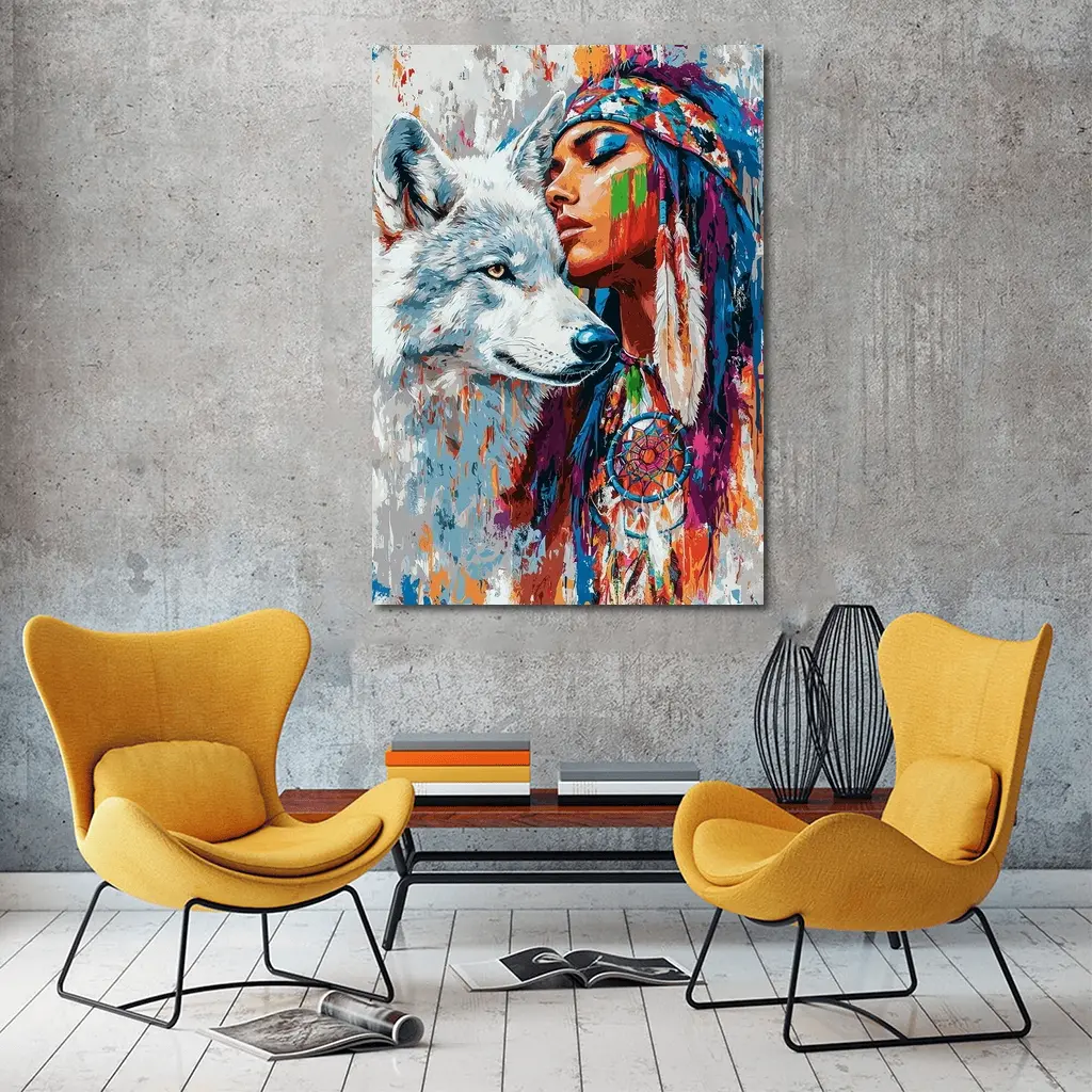 Native Woman White Wolf Colorful Art – Wall Art