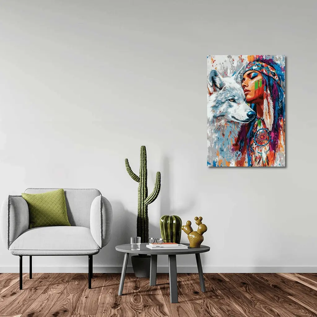 Native Woman White Wolf Colorful Art – Wall Art