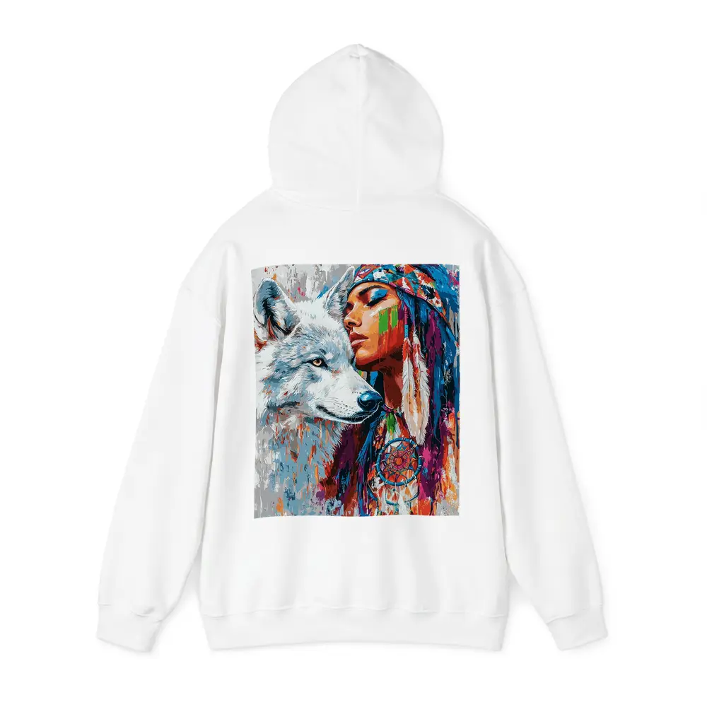 Native Woman White Wolf Colorful Art – Hoodies