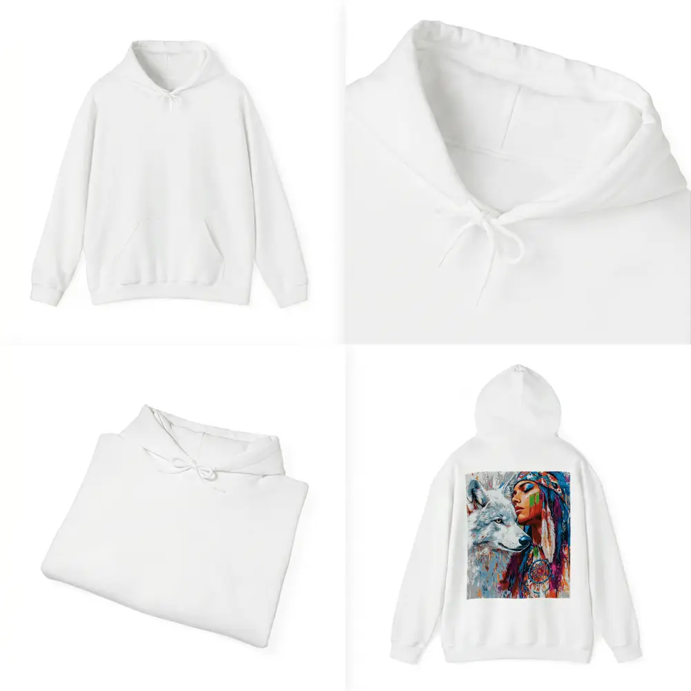 Native Woman White Wolf Colorful Art – Hoodies