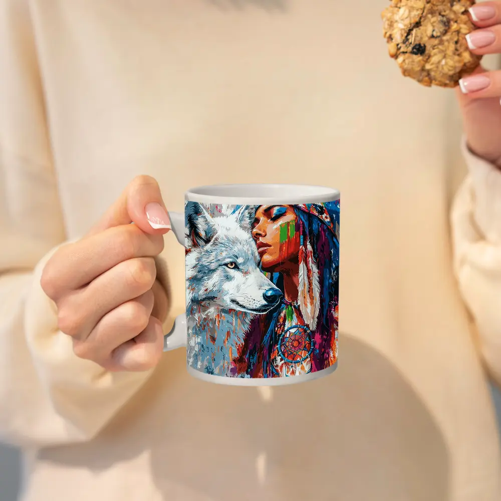 Native Woman White Wolf Colorful Art – Mugs