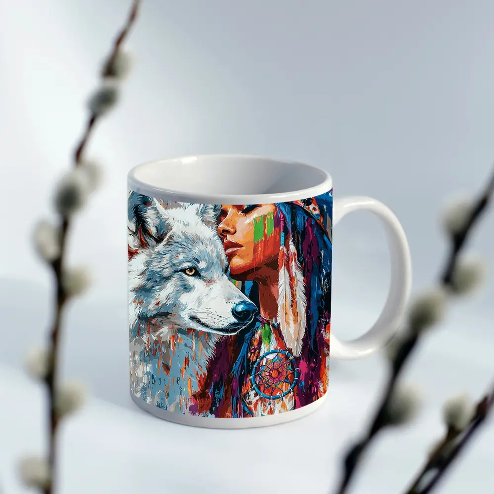 Native Woman White Wolf Colorful Art – Mugs