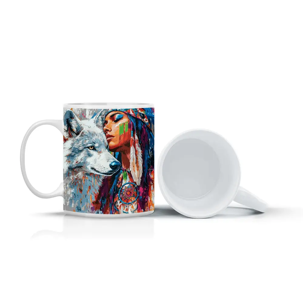 Native Woman White Wolf Colorful Art – Mugs