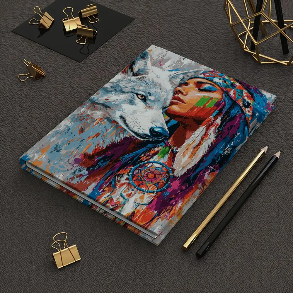 Native Woman White Wolf Colorful Art – Notebooks