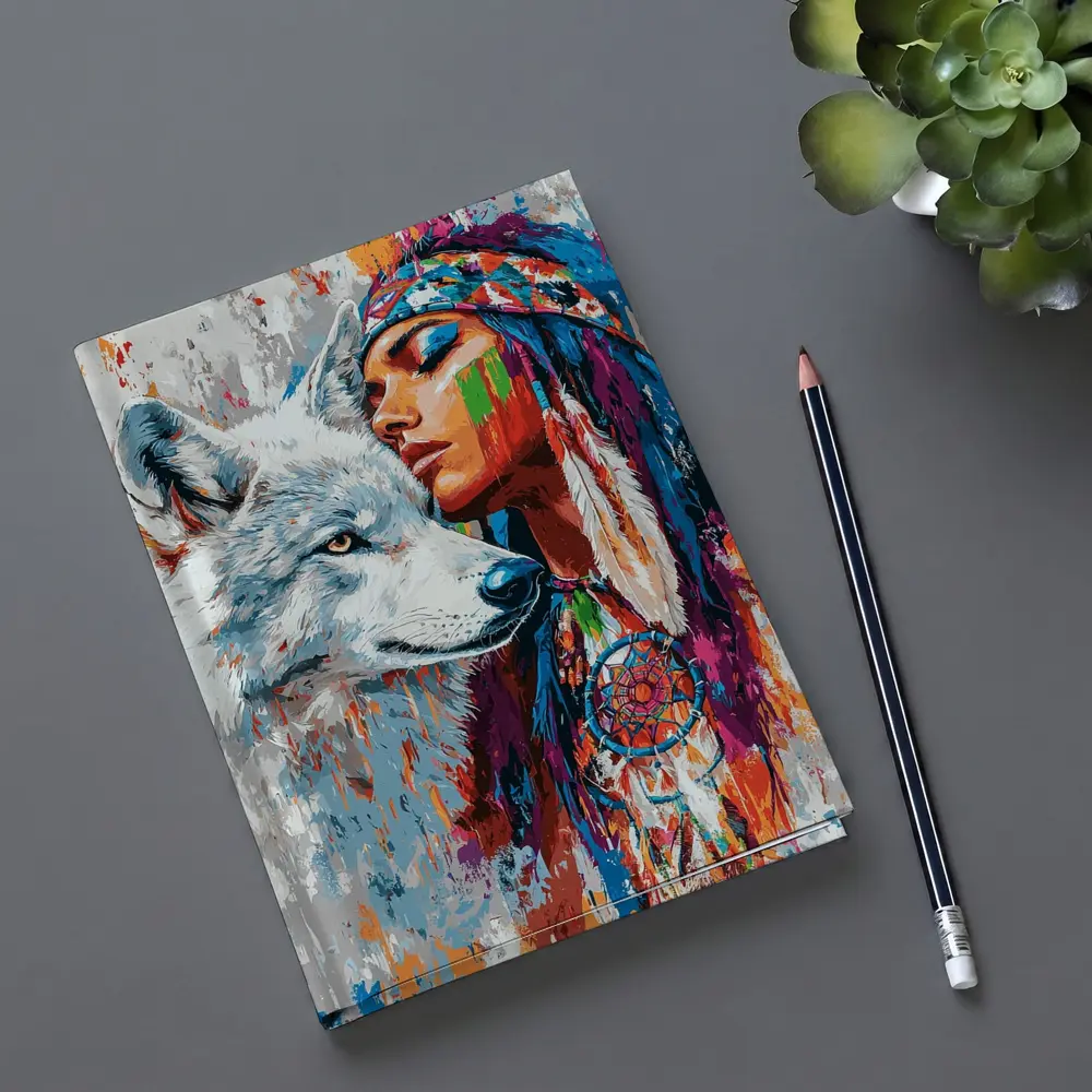 Native Woman White Wolf Colorful Art – Notebooks