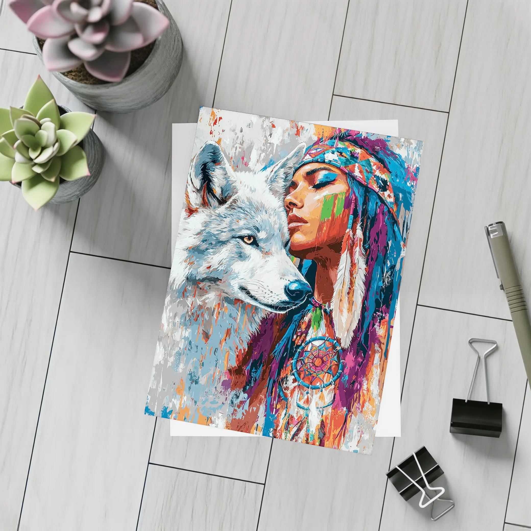 Native Woman White Wolf Colorful Art – Postcards