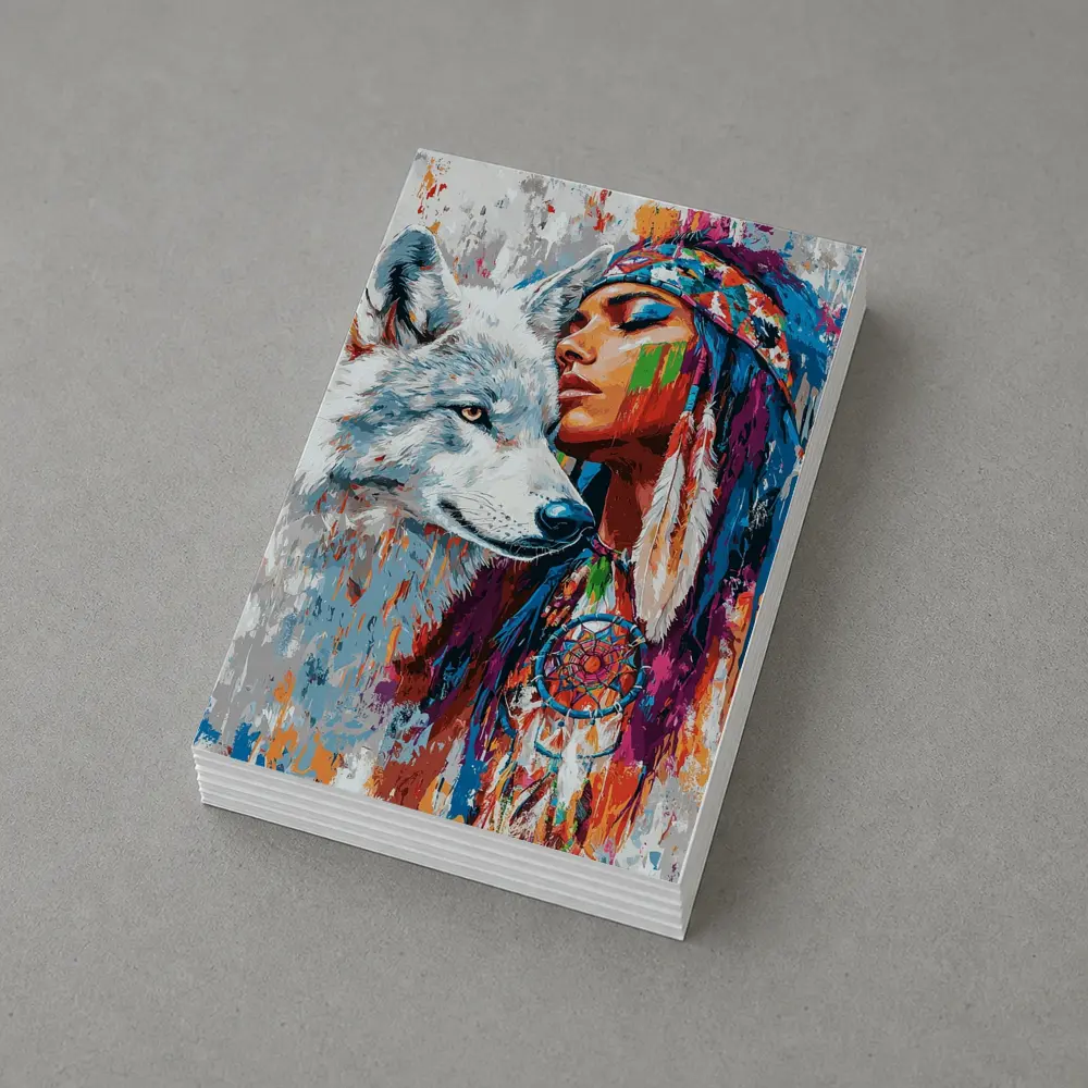 Native Woman White Wolf Colorful Art – Postcards