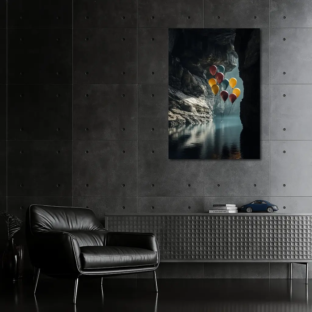 Colorful Balloons Floating Inside Dark Cave – Wall Art