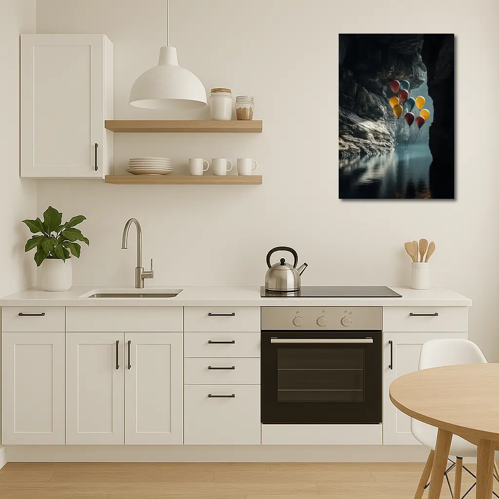 Colorful Balloons Floating Inside Dark Cave – Wall Art