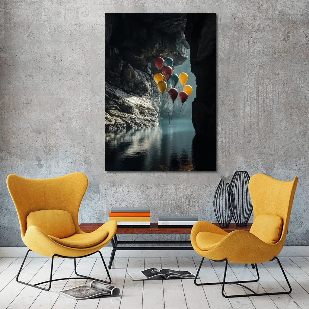 Colorful Balloons Floating Inside Dark Cave – Wall Art