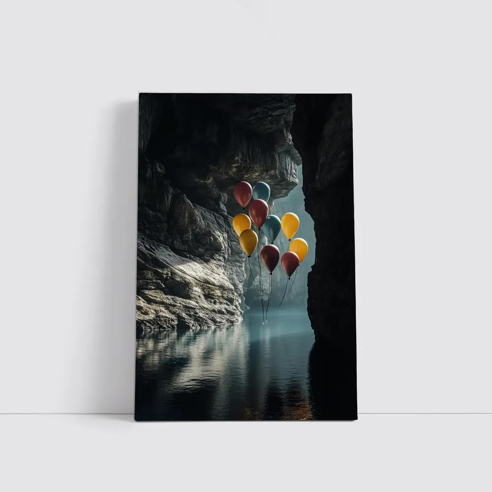 Colorful Balloons Floating Inside Dark Cave – Wall Art