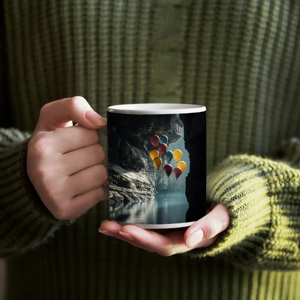 Colorful Balloons Floating Inside Dark Cave – Mugs