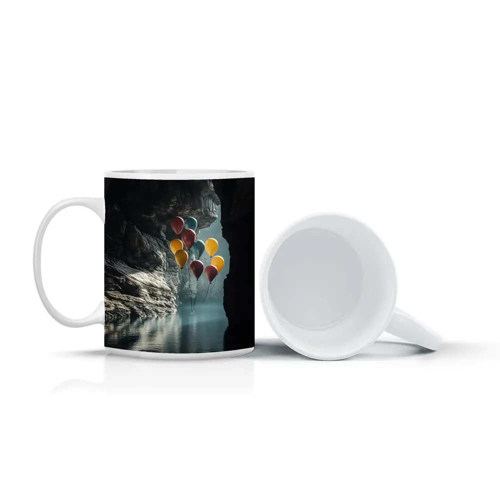 Colorful Balloons Floating Inside Dark Cave – Mugs