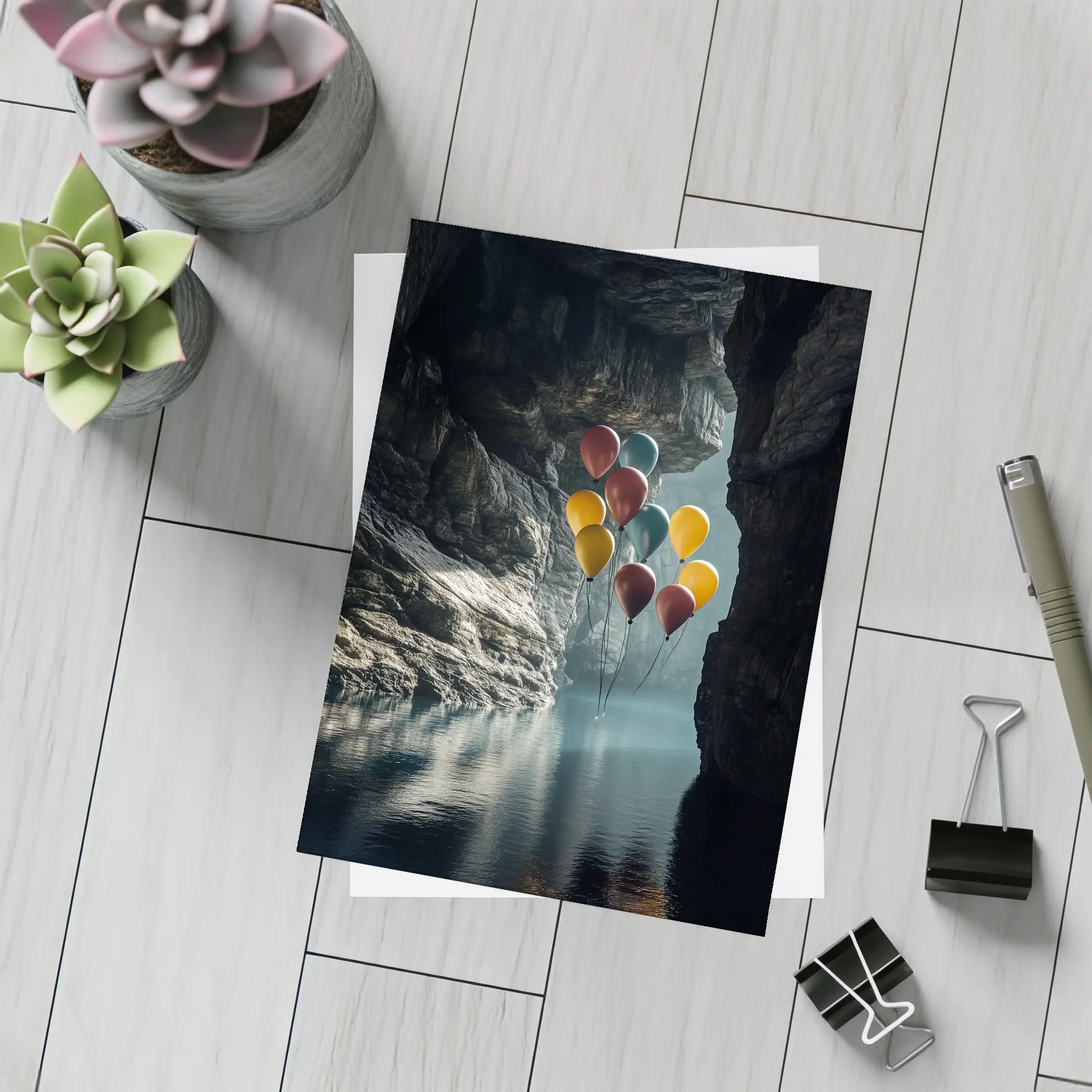 Colorful Balloons Floating Inside Dark Cave – Postcards