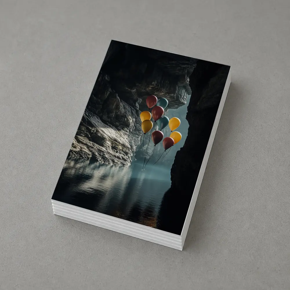 Colorful Balloons Floating Inside Dark Cave – Postcards