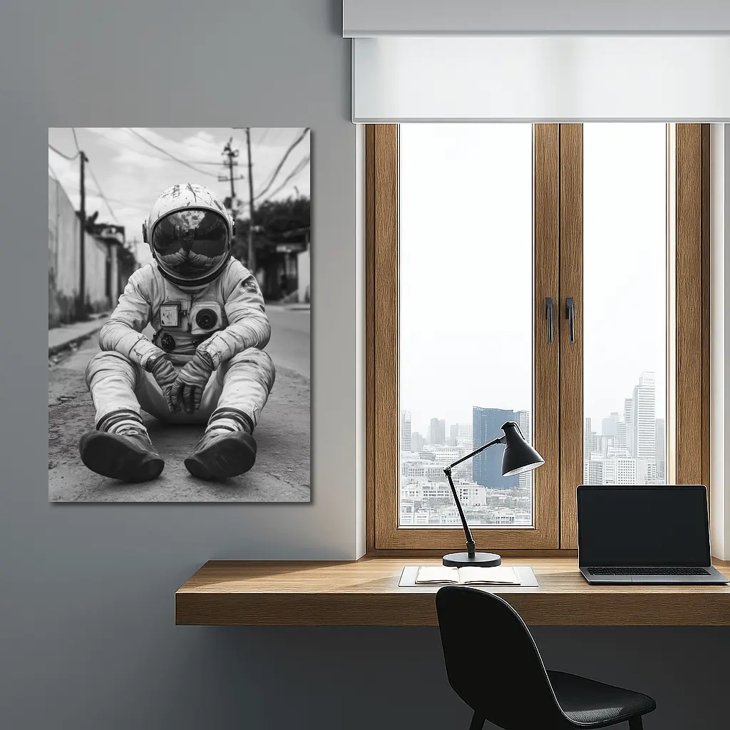 Astronaut Sitting Alone On City Street – Wall Art