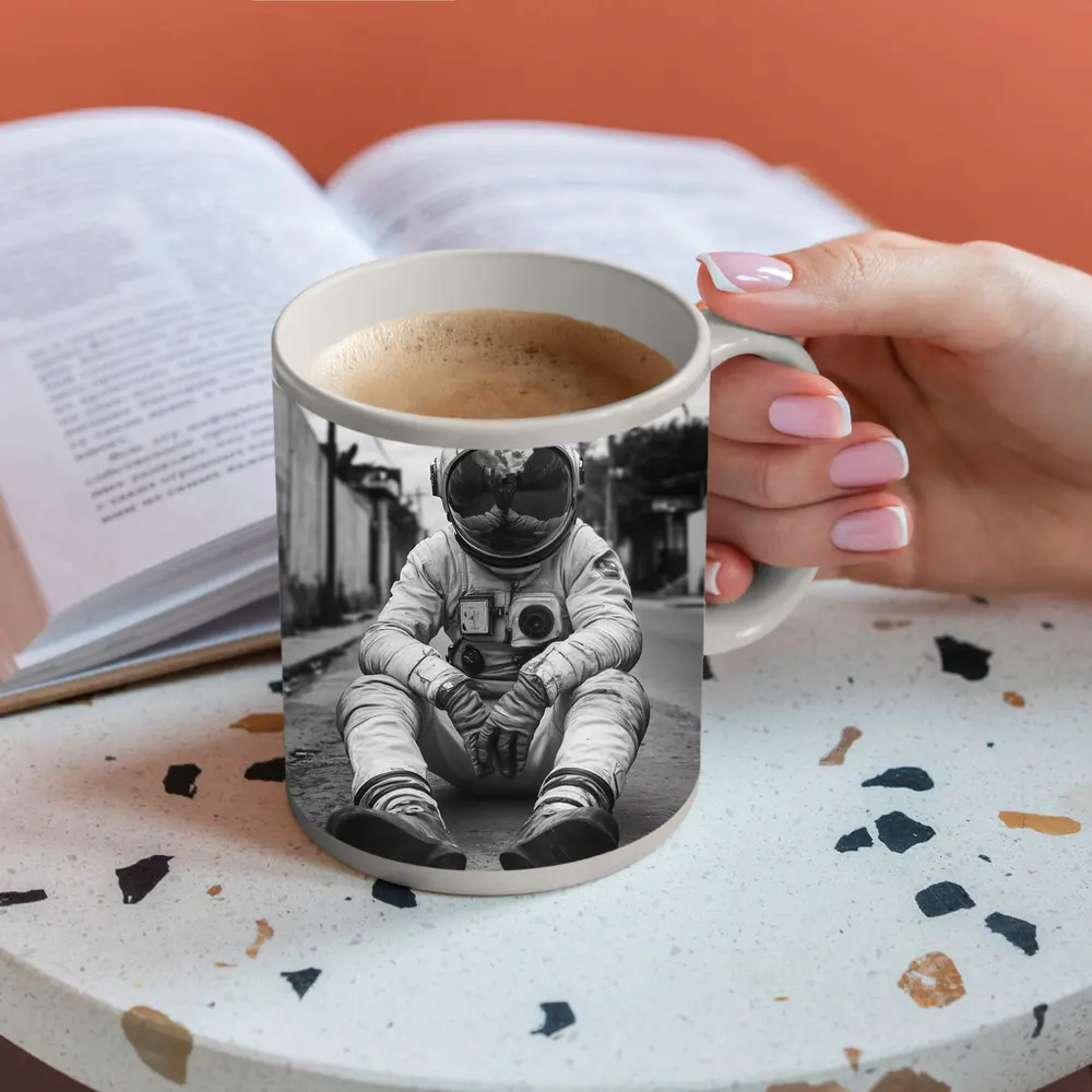 Astronaut Sitting Alone On City Street – Mugs
