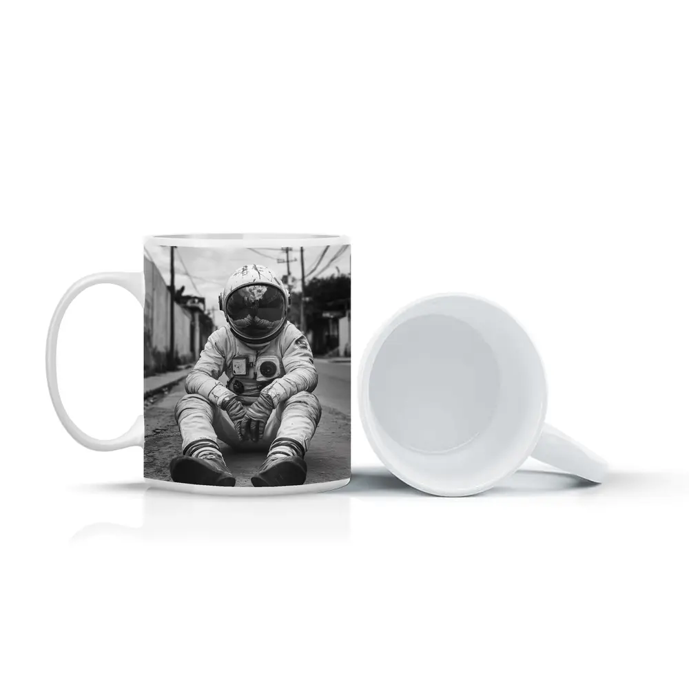 Astronaut Sitting Alone On City Street – Mugs